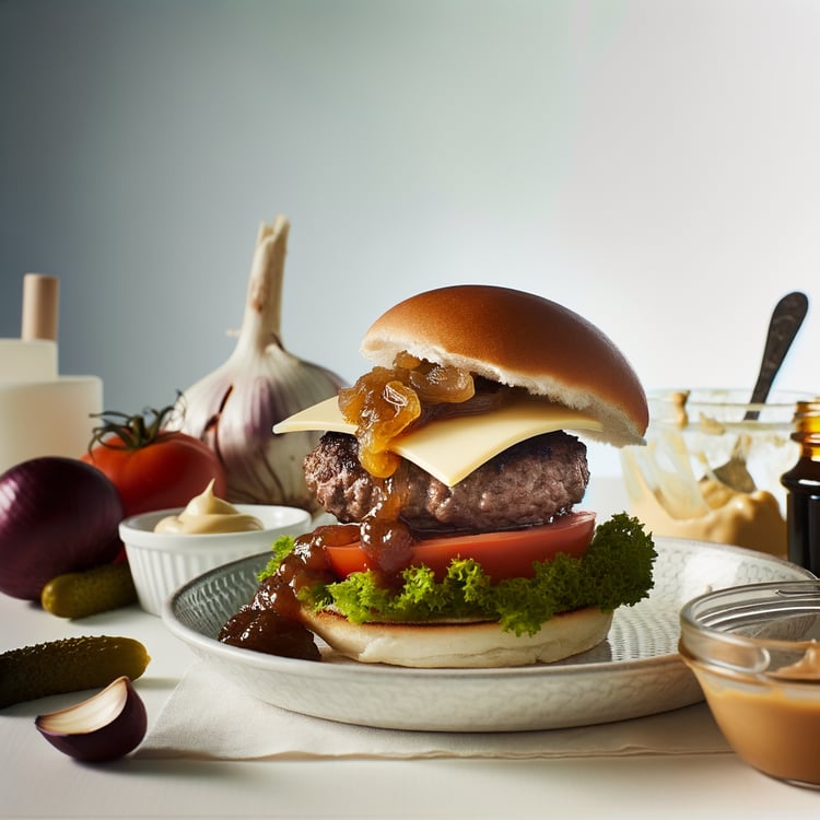 Beef Burgers with Caramelized Onion Jam and Smoked Gouda
