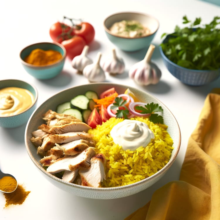 Chicken Shawarma Bowl with Turmeric Rice and Garlic Sauce