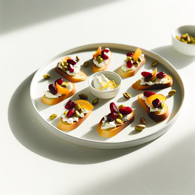 Cranberry Ricotta Crostini with Honeyed Pistachios and Orange Zest