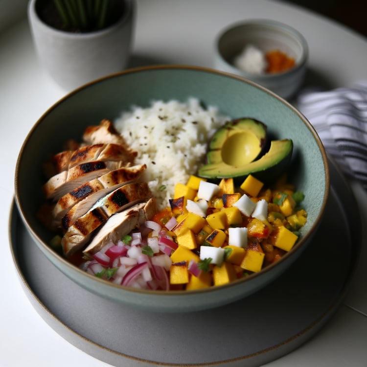Grilled Chicken Bowl with Mango Salsa and Coconut Lime Rice
