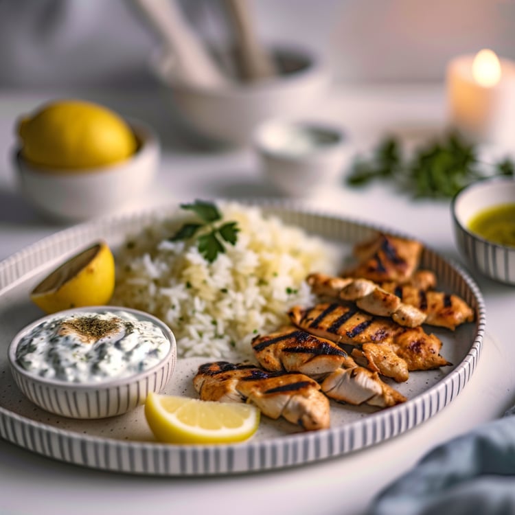 Grilled Chicken Souvlaki with Tzatziki and Lemon-Oregano Rice (30-Minute)