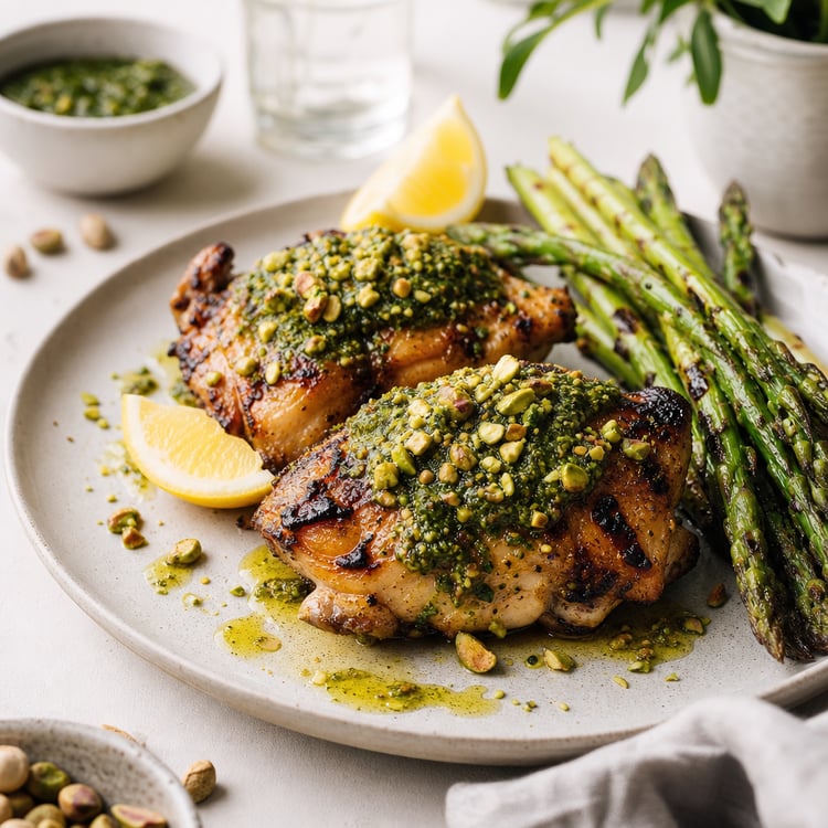 Grilled Chicken Thighs with Ramp-Pistachio Pesto (Memorial Day BBQ, 35-Minute)