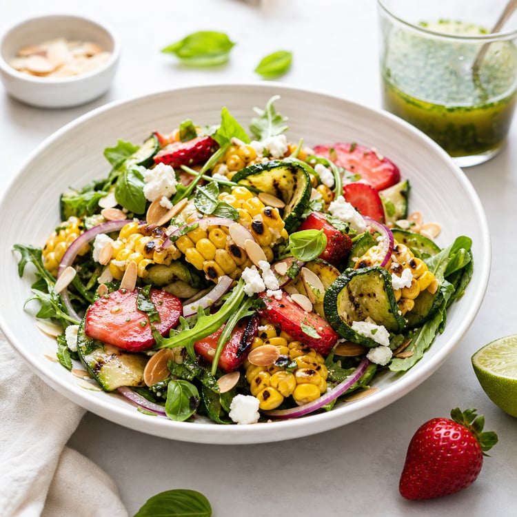 Grilled Corn and Strawberry Salad with Charred Zucchini and Basil-Lime Vinaigrette