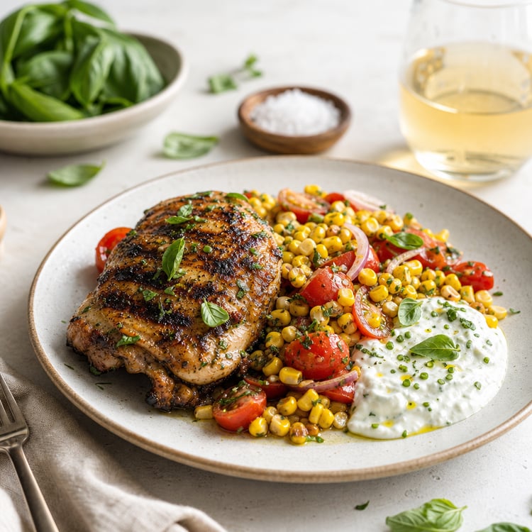Grilled Lemon-Herb Chicken with Corn-Tomato Succotash and Basil-Chive Yogurt