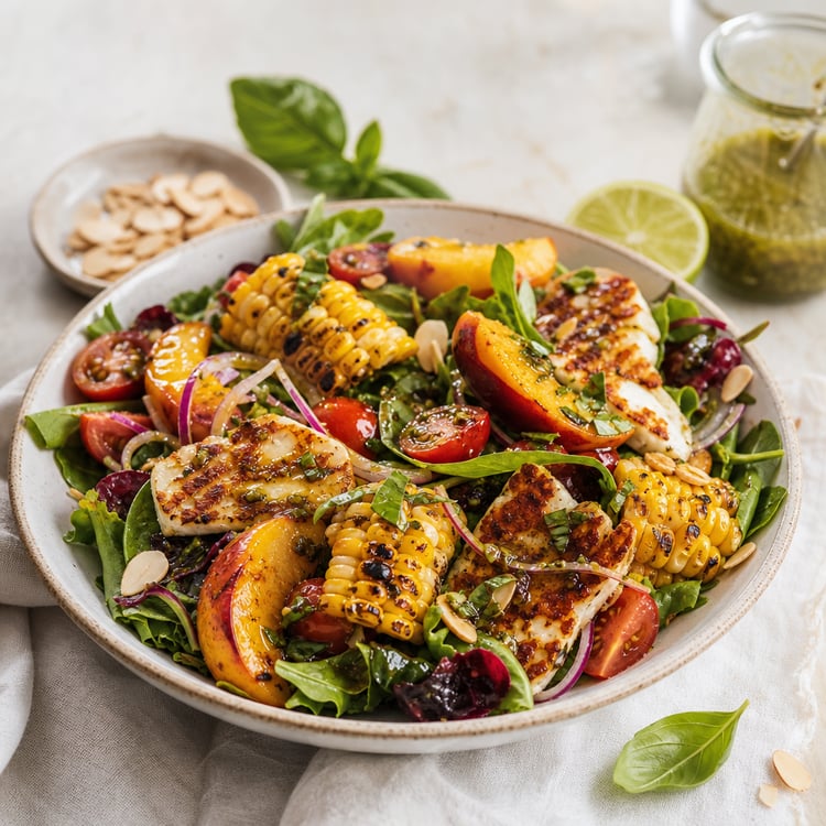 Grilled Peach, Corn and Halloumi Salad with Basil-Lime Vinaigrette (30-Minute, Vegetarian)