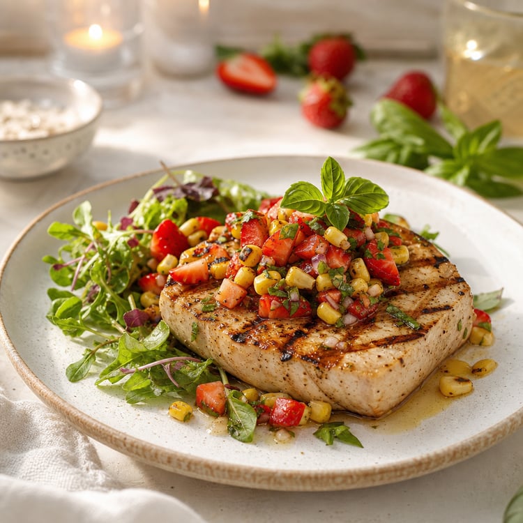 Grilled Swordfish with Charred Corn and Strawberry-Basil Salsa