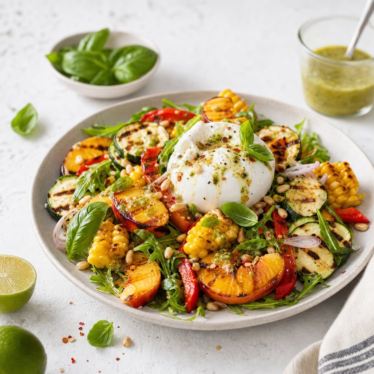 Grilled Vegetable and Peach Salad with Burrata and Basil-Lime Vinaigrette