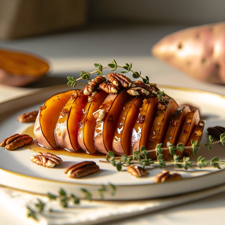 Hasselback Sweet Potatoes with Maple-Dijon Glaze