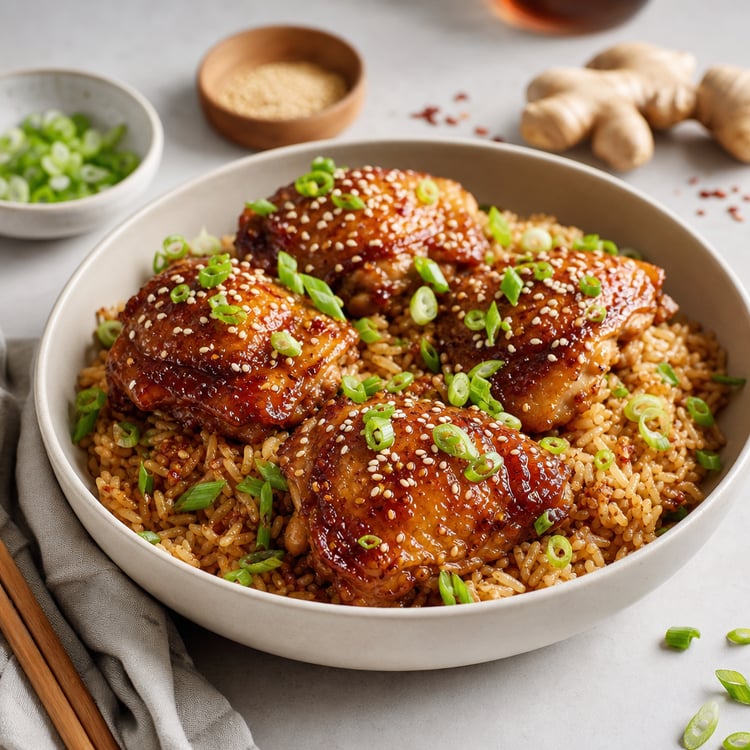 Honey-Soy Braised Chicken Thighs with Ginger-Scallion Rice (One-Pot, 40-Minute)