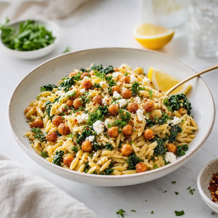 Lemon Orzo with Crispy Chickpeas and Kale