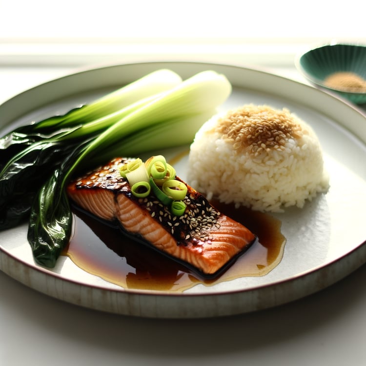 Miso-Glazed Salmon with Sautéed Bok Choy and Steamed Rice