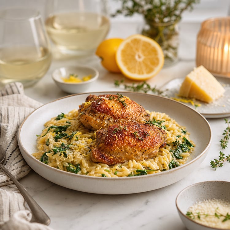 One-Pan Lemon Garlic Chicken with Creamy Orzo