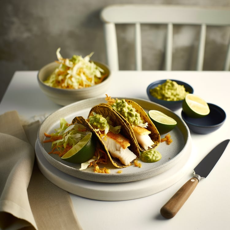 Oven-Baked Fish Tacos with Crispy Corn Tortillas, Cabbage Slaw, and Avocado Lime Crema (25 minutes)