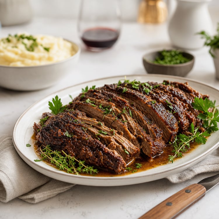 Oven-Braised Beef Brisket with Coffee-Chipotle Rub (3.5-Hour Roast)