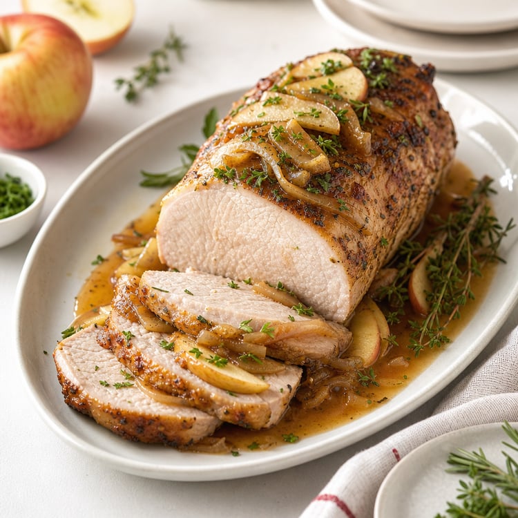 Oven-Roasted Pork Loin with Garlic-Butter and Apple-Onion Pan Sauce (60-Minute Roast)