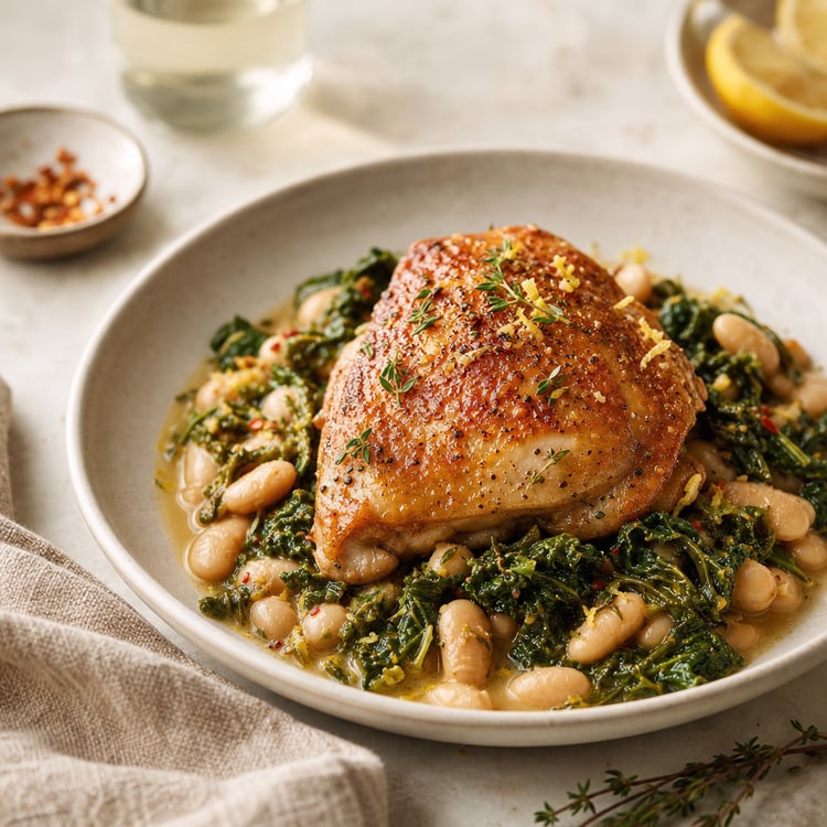 Pan-Roasted Crispy Chicken Thighs with Braised White Beans and Mustard Greens (40-Minute)