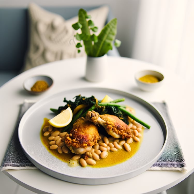 Pan-Roasted Crispy Chicken Thighs with Braised White Beans and Mustard Greens (40-Minute)