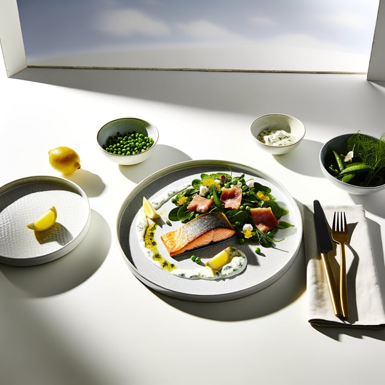 Pan-Seared Salmon with Lemon-Dill Yogurt and Spring Pea-Prosciutto Salad (30-Minute)