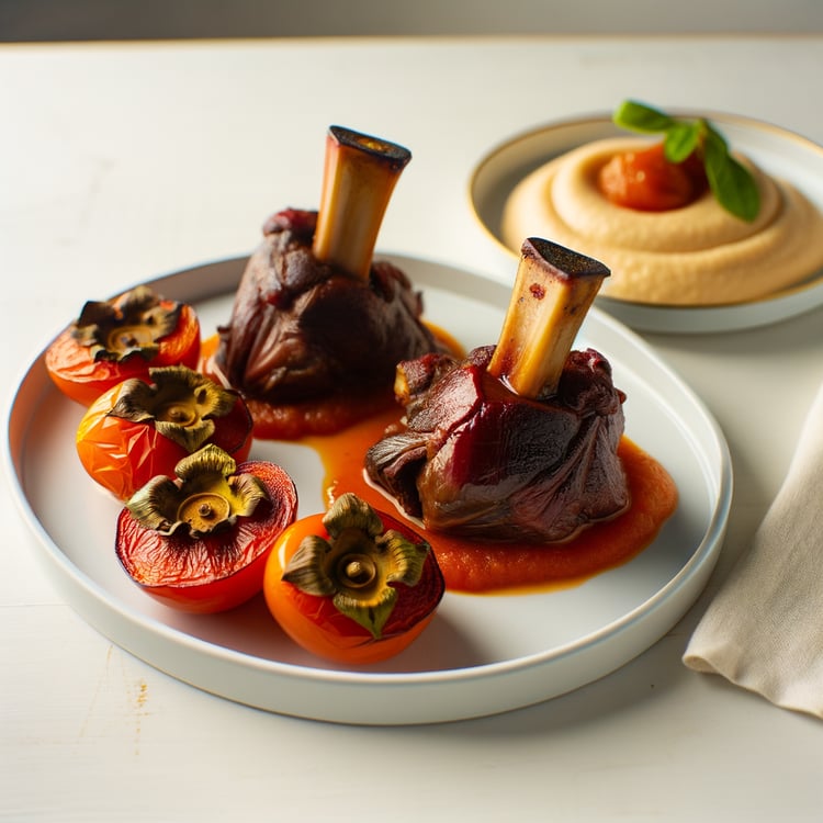 Red Wine-Braised Lamb Shanks with Roasted Persimmons and Chestnut Purée