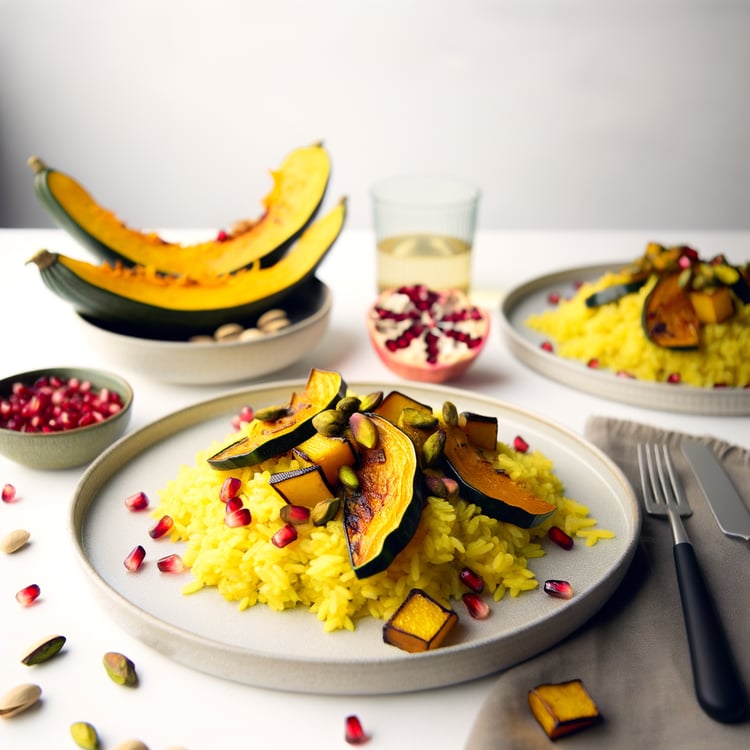 Saffron Pilaf with Roasted Delicata Squash, Pomegranate & Pistachios