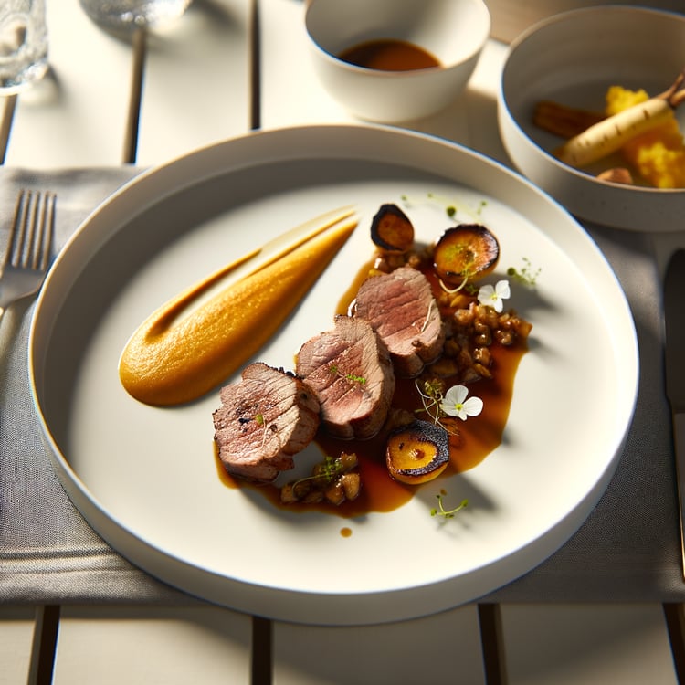 Seared Pork Tenderloin with Spiced Apple Cider Reduction and Parsnip Purée