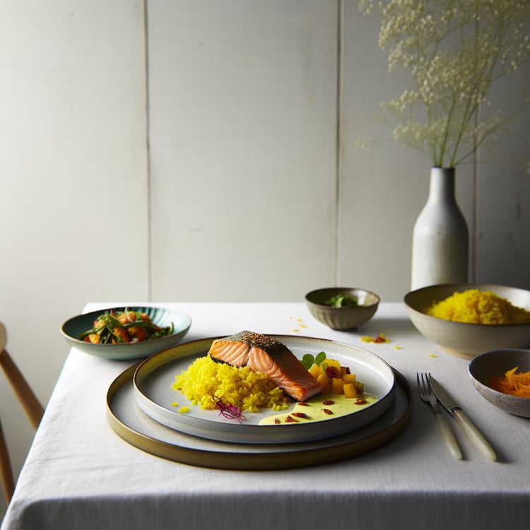 Seared Salmon with Coconut Turmeric Rice and Mango Cucumber Salsa (25-Minute)