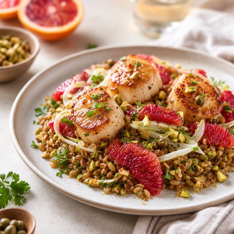 Seared Scallops with Blood Orange-Caper Salsa and Toasted Freekeh (30-Minute)