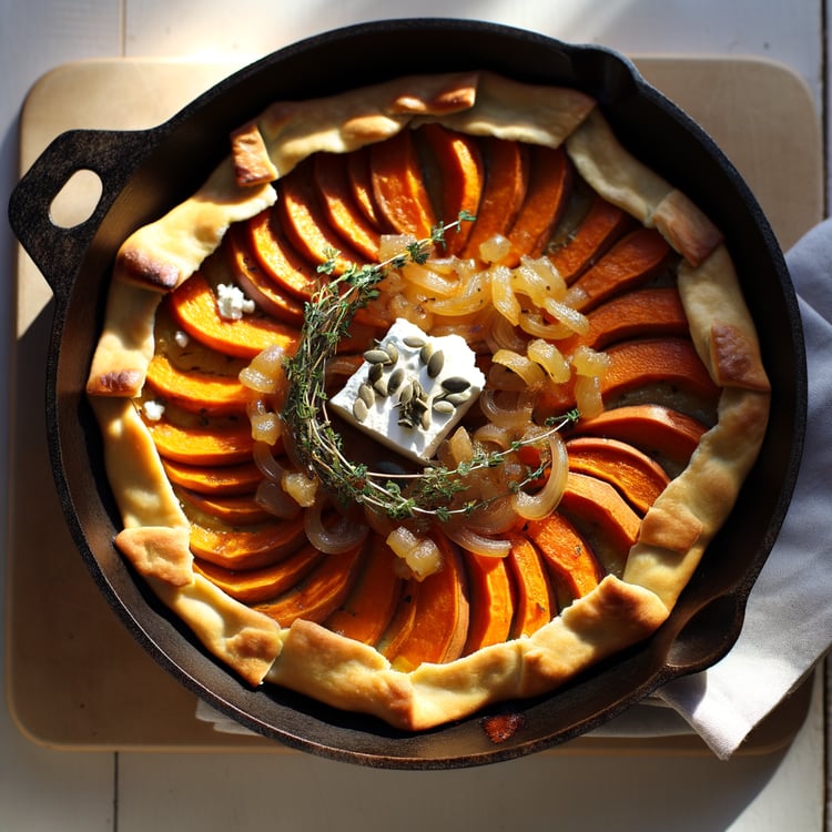 Skillet Sweet Potato Galette with Goat Cheese and Caramelized Onions