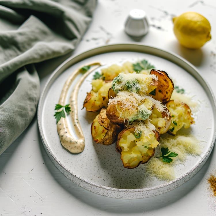Smashed Potatoes with Garlic-Parmesan Aioli
