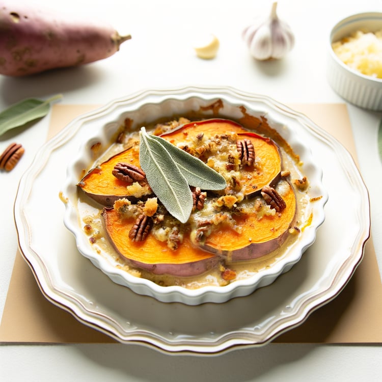 Sweet Potato Gratin with Brown Butter, Sage, and Pecan-Parmesan Crust