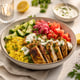 Chicken Shawarma Bowl with Turmeric Rice and Garlic Sauce